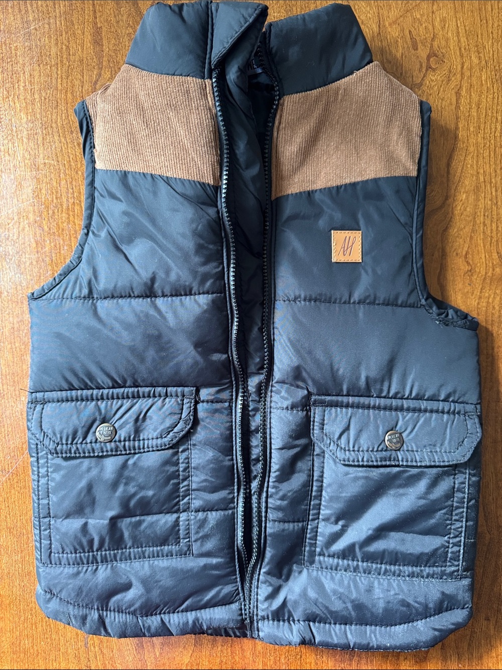 American Hawk Quilted Puffer Vest in Black with Brown Corduroy Yoke